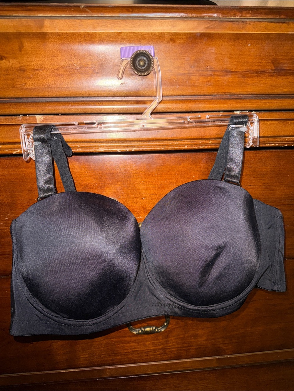 Seamless Black Satin Strapless Convertible Bra with Removable Straps